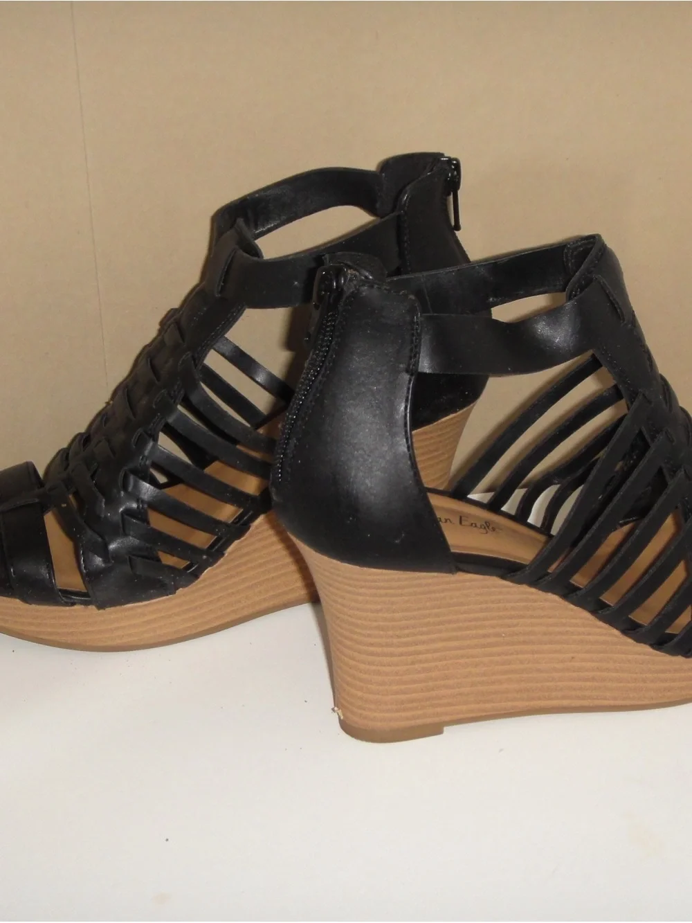 American Eagle Outfitters Black Strappy Wedge Sandals with Tan Wedge